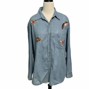 Infinity Fashions Vintage Denim Shirt Embroidered Western Long Sleeve‎ Large